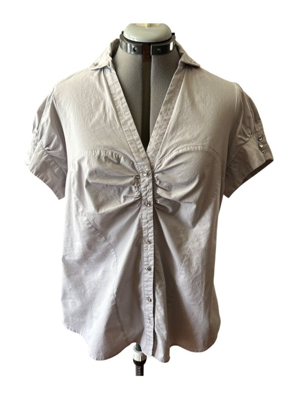Paper Tee Short Sleeve Button-Up Top1X Light Gray Ruched Front Top Bling Buttons